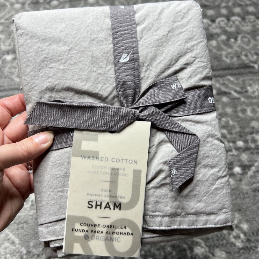 West Elm NWT ORGANIC Washed Cotton EURO Pillow Sham Gray / White Stitch